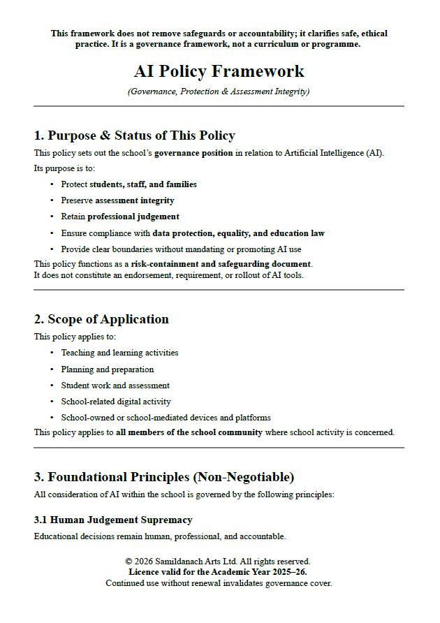Whole-School AI Policy Framework — Governance, Protection & Assessment Integrity